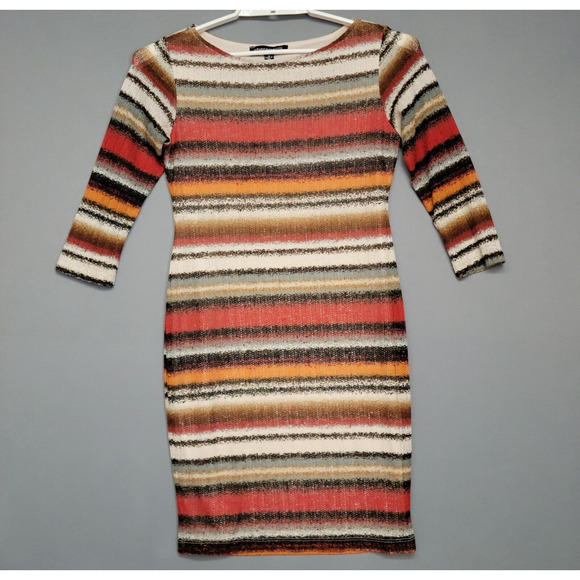 Shaaragano Dresses & Skirts - Sharagano Knit Shift Dress Womens 10 Brown Red Striped Overlay Lined 3/4 Sleeves